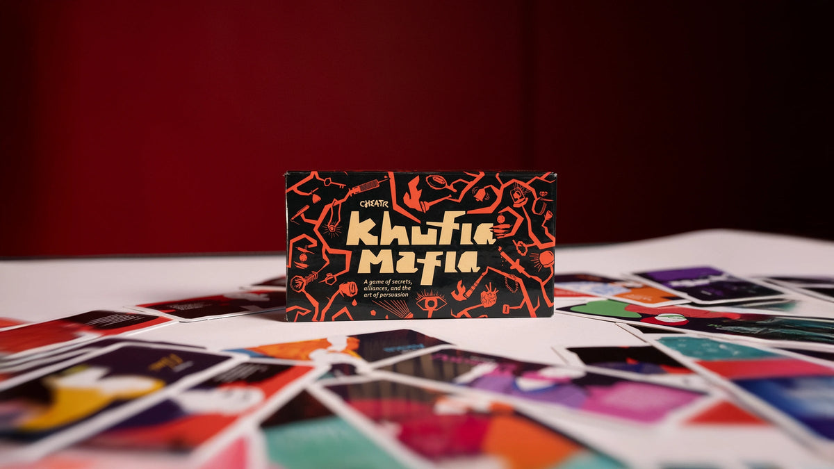 Khufia Mafia Indian card game box surrounded by colourful illustrated character cards