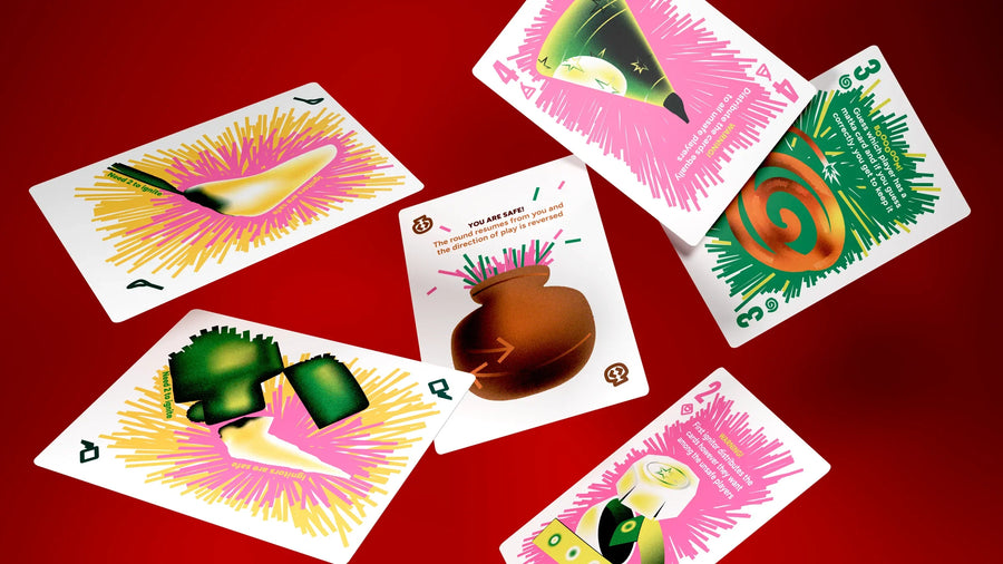 Boom Machale firecracker, mithai and matka cards arranged on a red background