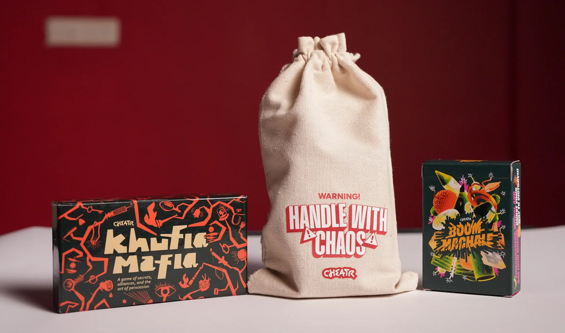 Cheatr bundle with Khufia Mafia, the drawstring bag and Boom Machale in a red studio