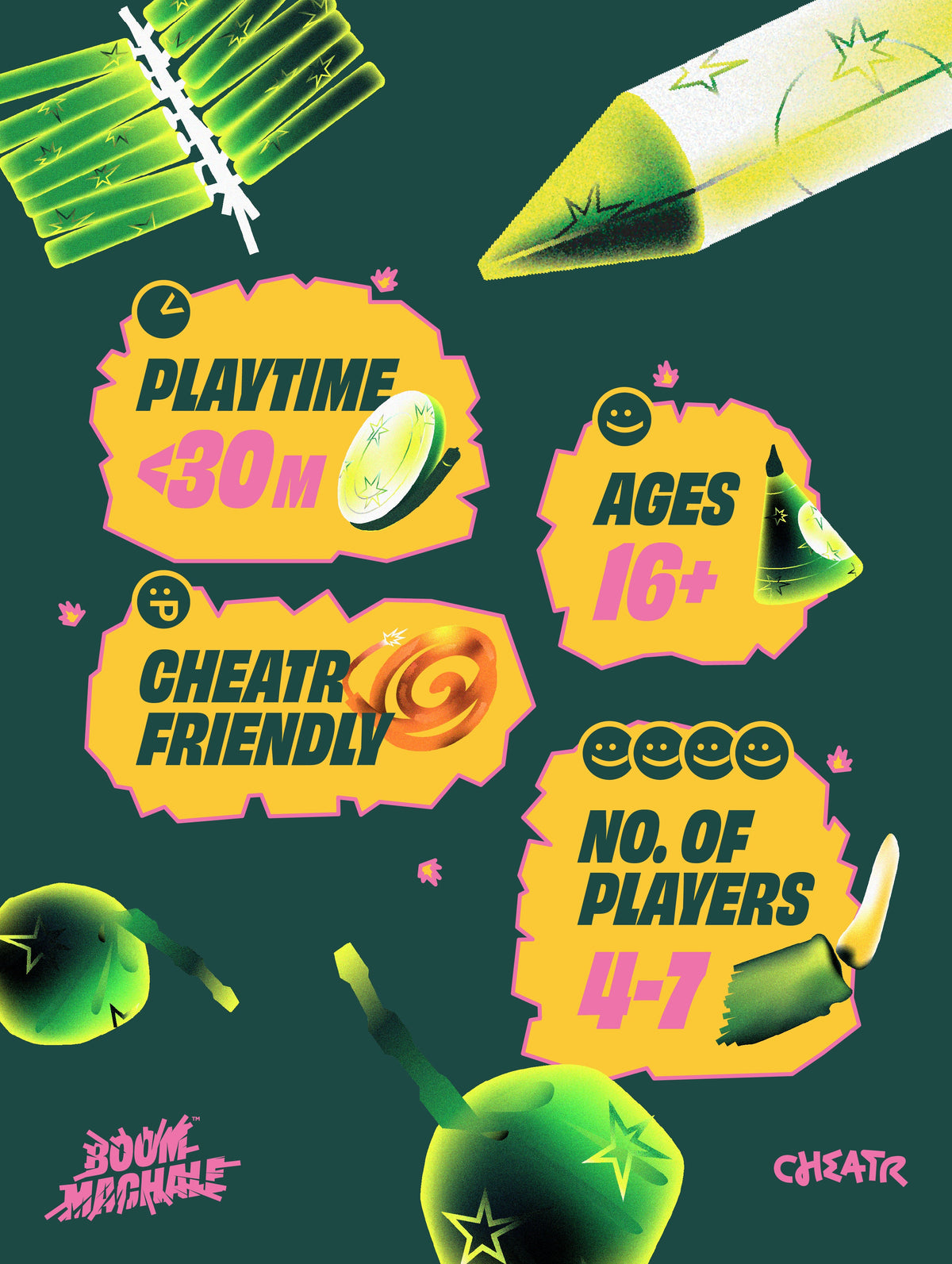Boom Machale game details , 30 minute playtime, ages 16 plus, 4 to 10 players. Cheatr Friendly Game
