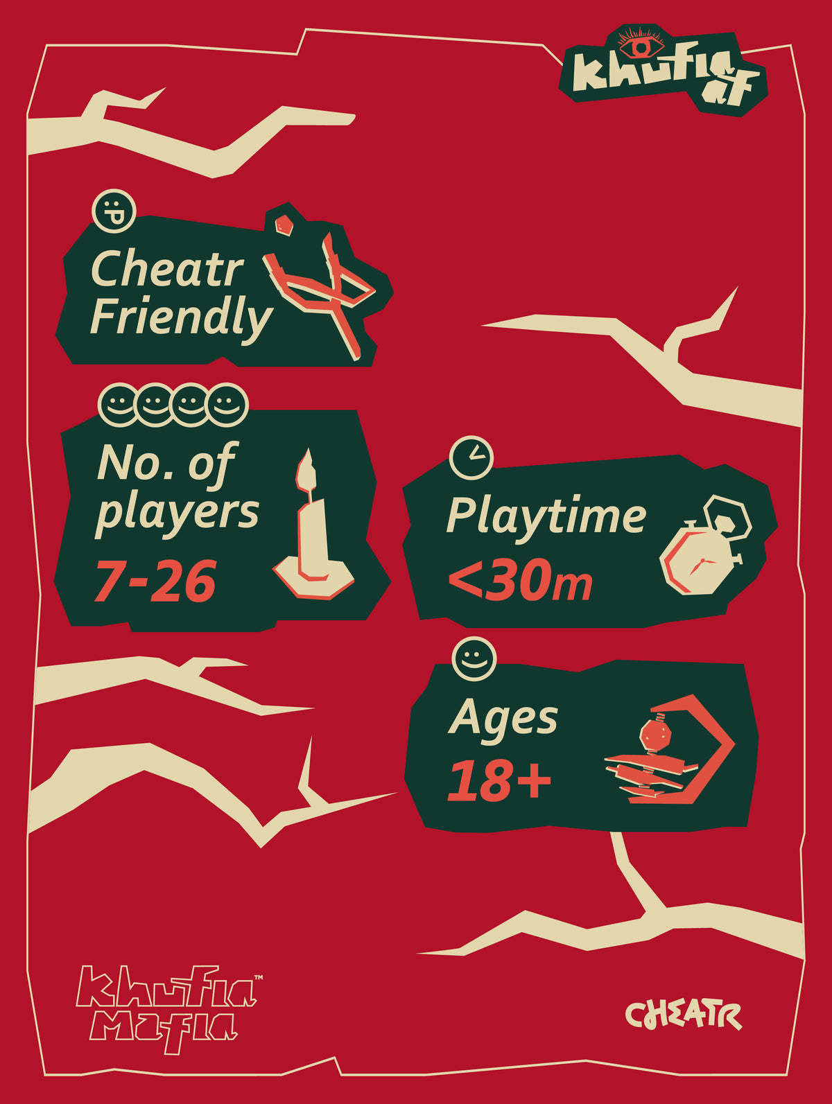 Khufia Mafia game details infographic — 7 to 26 players, under 30 minutes, ages 16 plus